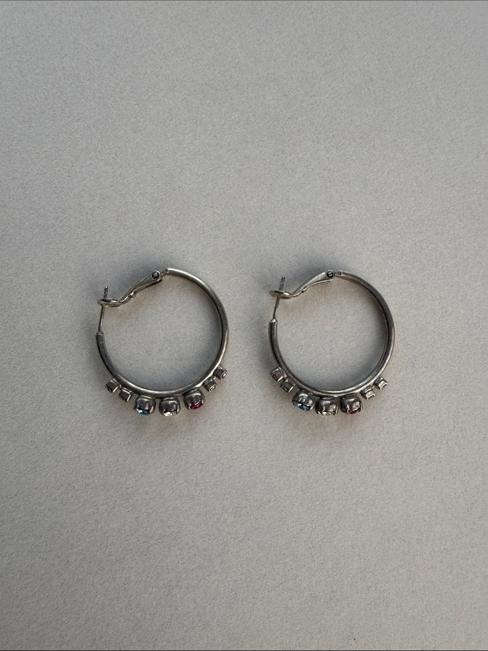 Silver Hoop Earrings with Multicolor Gem Accents